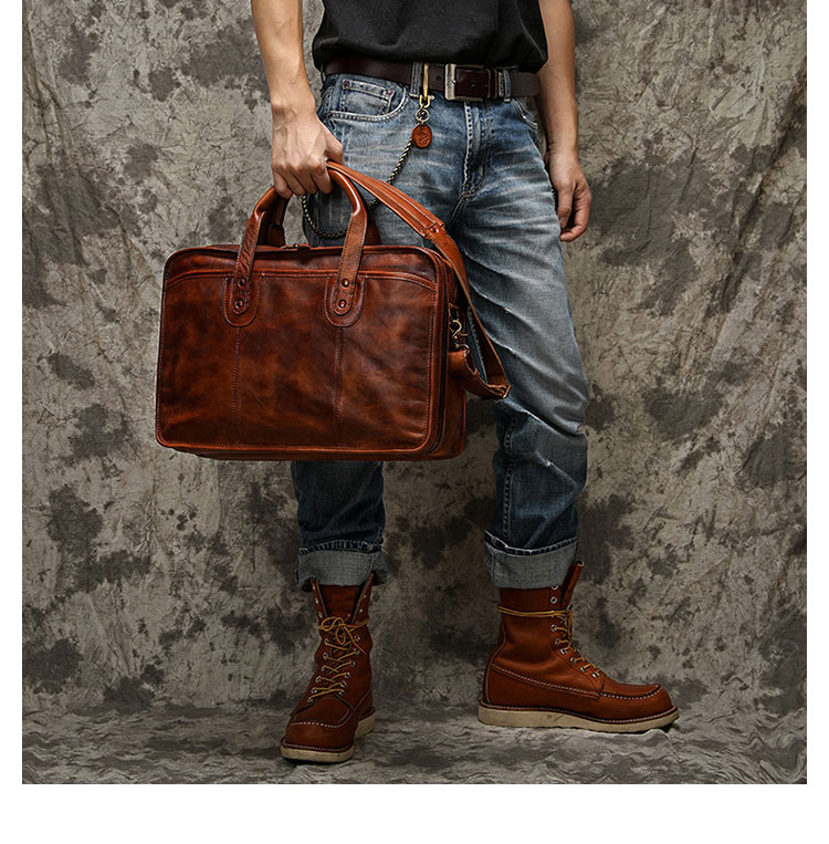 Whatna アンティーク風合い鞣し天 然 牛革 ビジネスバッグメンズ 2way ショルダー 手提げバッグ ブリーフケース ダブルファスナー 2室仕切 15.6インチPC対応 4本入ペンホルダー付  かばん 男性用Y9088-11