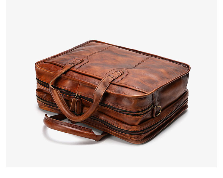 Whatna アンティーク風合い鞣し天 然 牛革 ビジネスバッグメンズ 2way ショルダー 手提げバッグ ブリーフケース ダブルファスナー 2室仕切 15.6インチPC対応 4本入ペンホルダー付  かばん 男性用Y9088-4