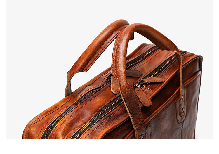 Whatna アンティーク風合い鞣し天 然 牛革 ビジネスバッグメンズ 2way ショルダー 手提げバッグ ブリーフケース ダブルファスナー 2室仕切 15.6インチPC対応 4本入ペンホルダー付  かばん 男性用Y9088-6