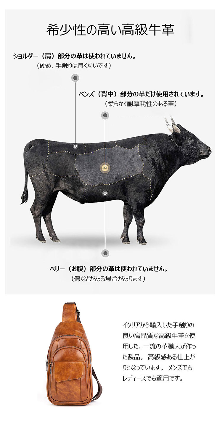 Whatna アンティーク風合い鞣し天 然牛 革 斜めがけ ボディバッグ ワンショルダー メンズ 左右付け替え可能 本革 厚手  レザーWX8681-6