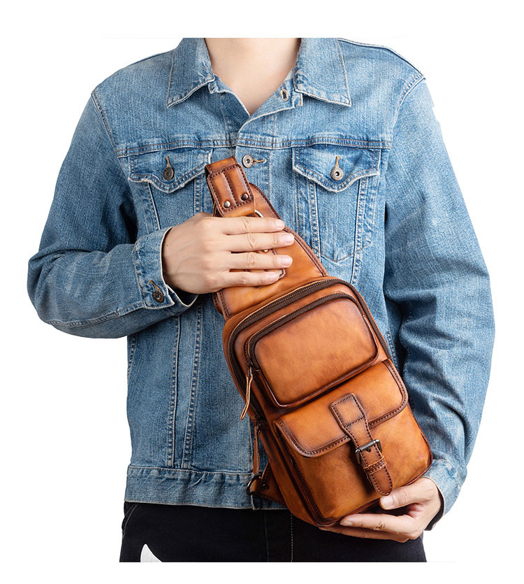 Whatna アンティーク風合い鞣し天 然牛 革 斜めがけ ボディバッグ ワンショルダー メンズ 左右付け替え可能 本革 厚手  レザー8625-12