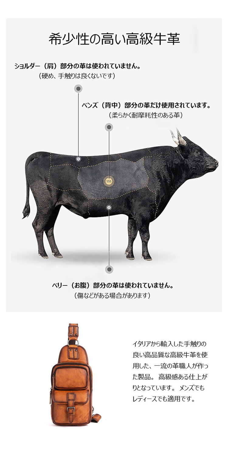 Whatna アンティーク風合い鞣し天 然牛 革 斜めがけ ボディバッグ ワンショルダー メンズ 左右付け替え可能 本革 厚手  レザー8625-6