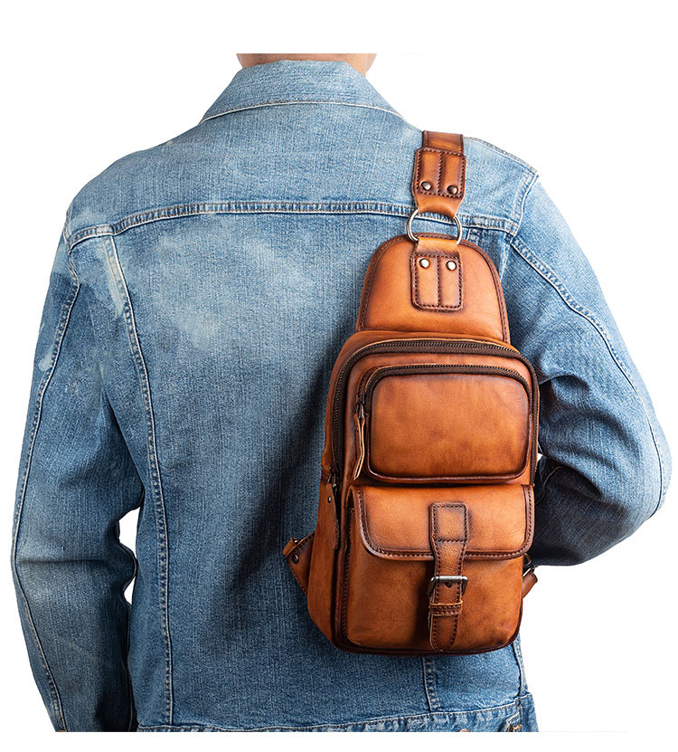 Whatna アンティーク風合い鞣し天 然牛 革 斜めがけ ボディバッグ ワンショルダー メンズ 左右付け替え可能 本革 厚手  レザー8625-11