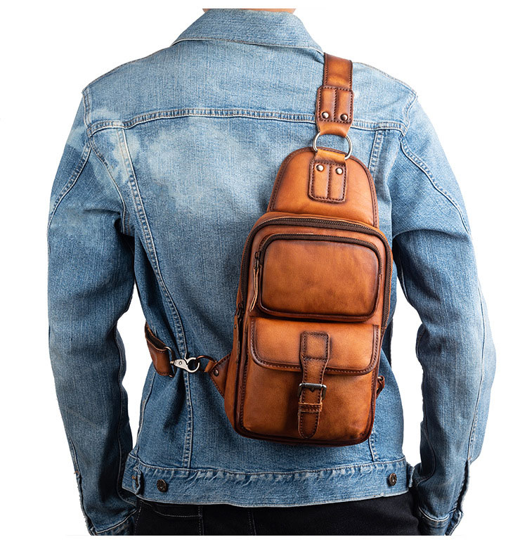 Whatna アンティーク風合い鞣し天 然牛 革 斜めがけ ボディバッグ ワンショルダー メンズ 左右付け替え可能 本革 厚手  レザー8625-10