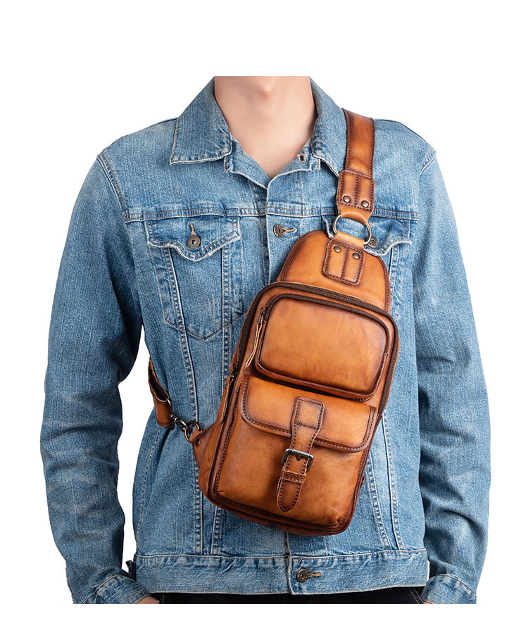 Whatna アンティーク風合い鞣し天 然牛 革 斜めがけ ボディバッグ ワンショルダー メンズ 左右付け替え可能 本革 厚手  レザー8625-9