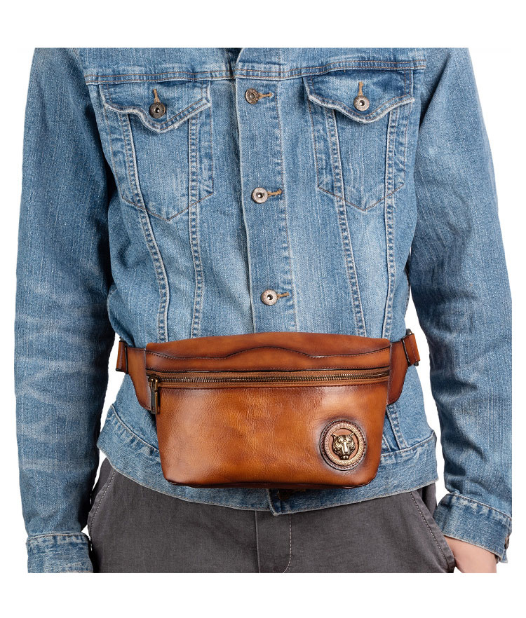 Whatna アンティーク風合い鞣し天 然 牛革ミニウエストポーチ ウエストバッグ メンズ ミニショルダーバッグ 手作業で作 男女兼用 本革 斜めがけ ボディバッグ ワンショルダー 軽量 ブラウン wx8685-8