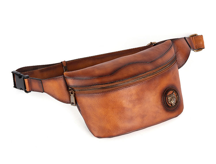 Whatna アンティーク風合い鞣し天 然 牛革ミニウエストポーチ ウエストバッグ メンズ ミニショルダーバッグ 手作業で作 男女兼用 本革 斜めがけ ボディバッグ ワンショルダー 軽量 ブラウン wx8685-4