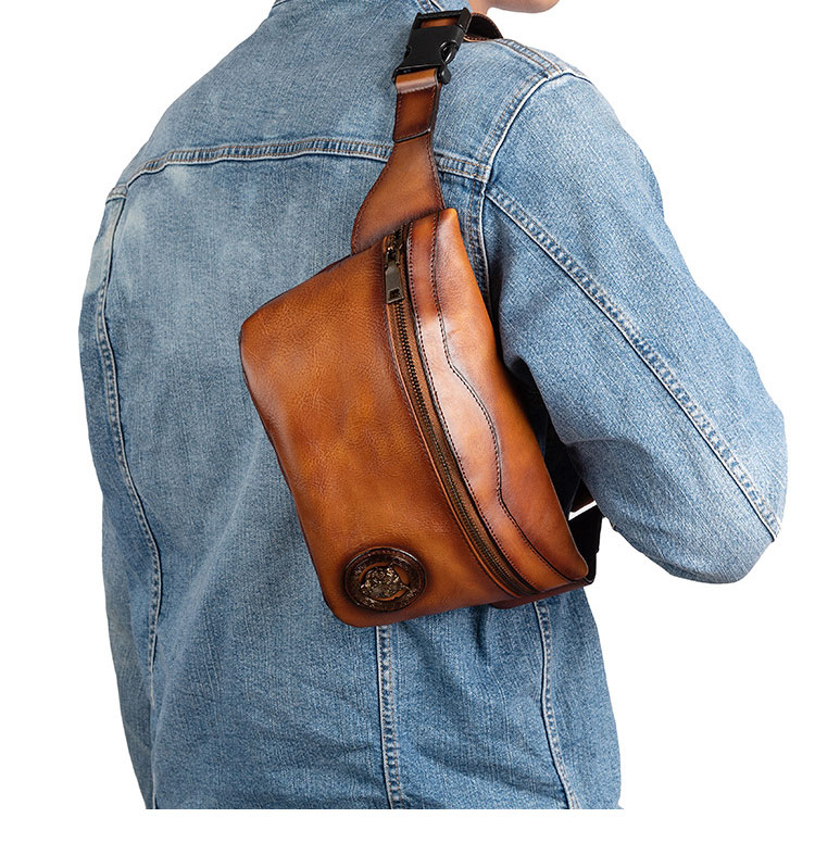 Whatna アンティーク風合い鞣し天 然 牛革ミニウエストポーチ ウエストバッグ メンズ ミニショルダーバッグ 手作業で作 男女兼用 本革 斜めがけ ボディバッグ ワンショルダー 軽量 ブラウン wx8685-11