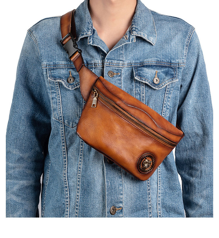 Whatna アンティーク風合い鞣し天 然 牛革ミニウエストポーチ ウエストバッグ メンズ ミニショルダーバッグ 手作業で作 男女兼用 本革 斜めがけ ボディバッグ ワンショルダー 軽量 ブラウン wx8685-10