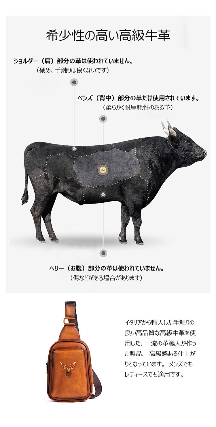 Whatna アンティーク風合い鞣し天 然牛 革 斜めがけ ボディバッグ ワンショルダー メンズ 左右付け替え可能 本革 厚手  レザー8619-7