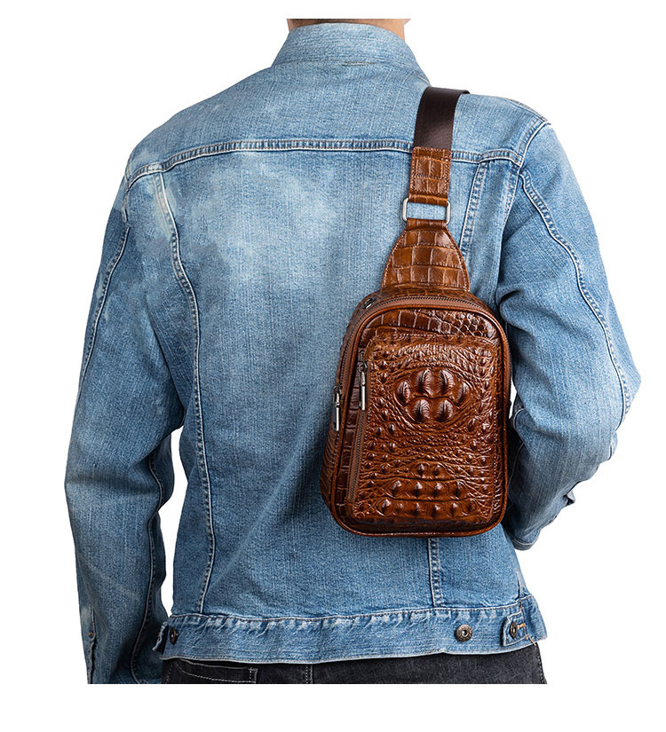 Whatna クロコダイル型押し天然 牛革 斜めがけ ボディバッグ ワンショルダー メンズ 左右付け替え可能  本 革 厚手  レザー8618-8