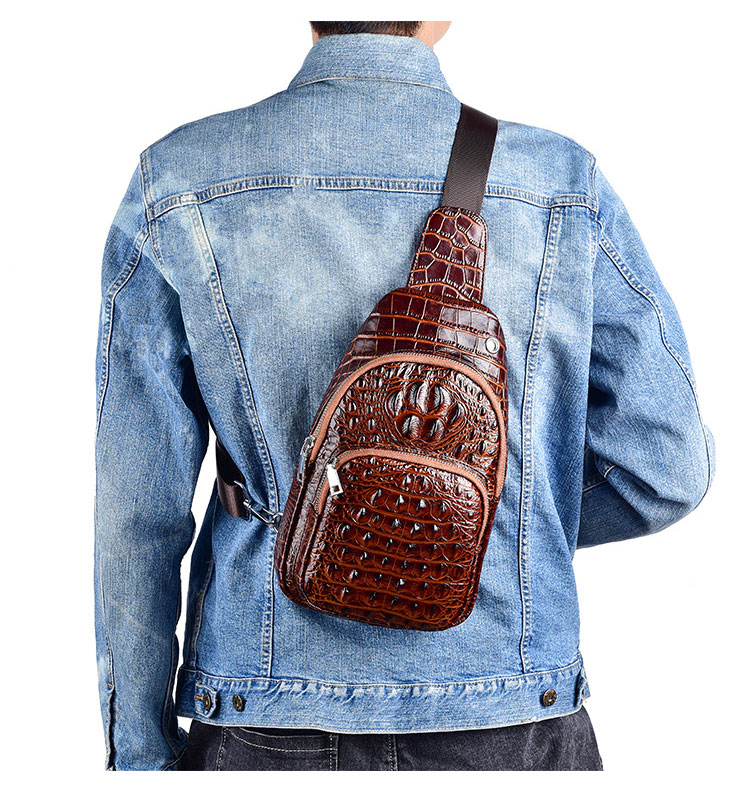Whatna クロコダイル型押し天然 牛革 斜めがけ ボディバッグ ワンショルダー メンズ 左右付け替え可能  本 革 厚手  レザー8616-9