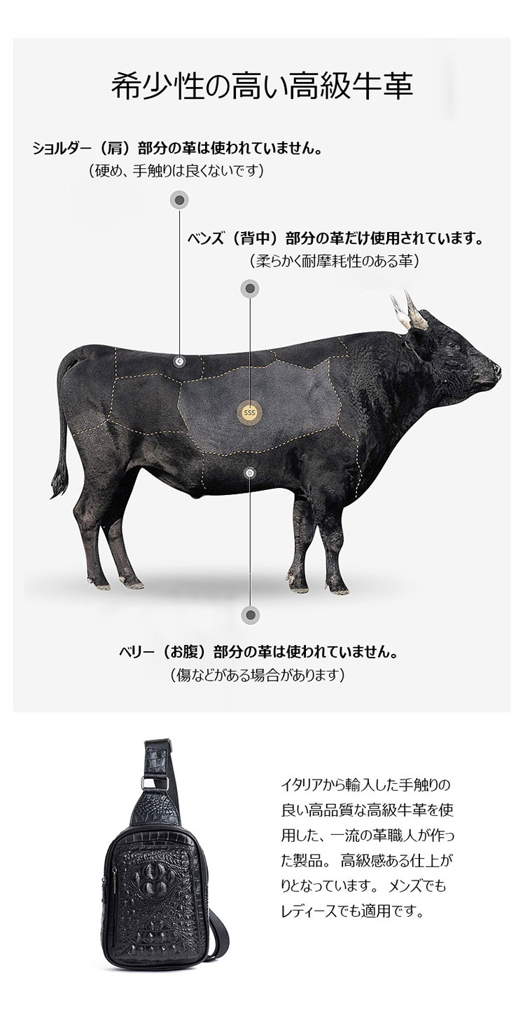 Whatna クロコダイル型押し天然 牛革 斜めがけ ボディバッグ ワンショルダー メンズ 左右付け替え可能  本 革 厚手  レザー8618-5