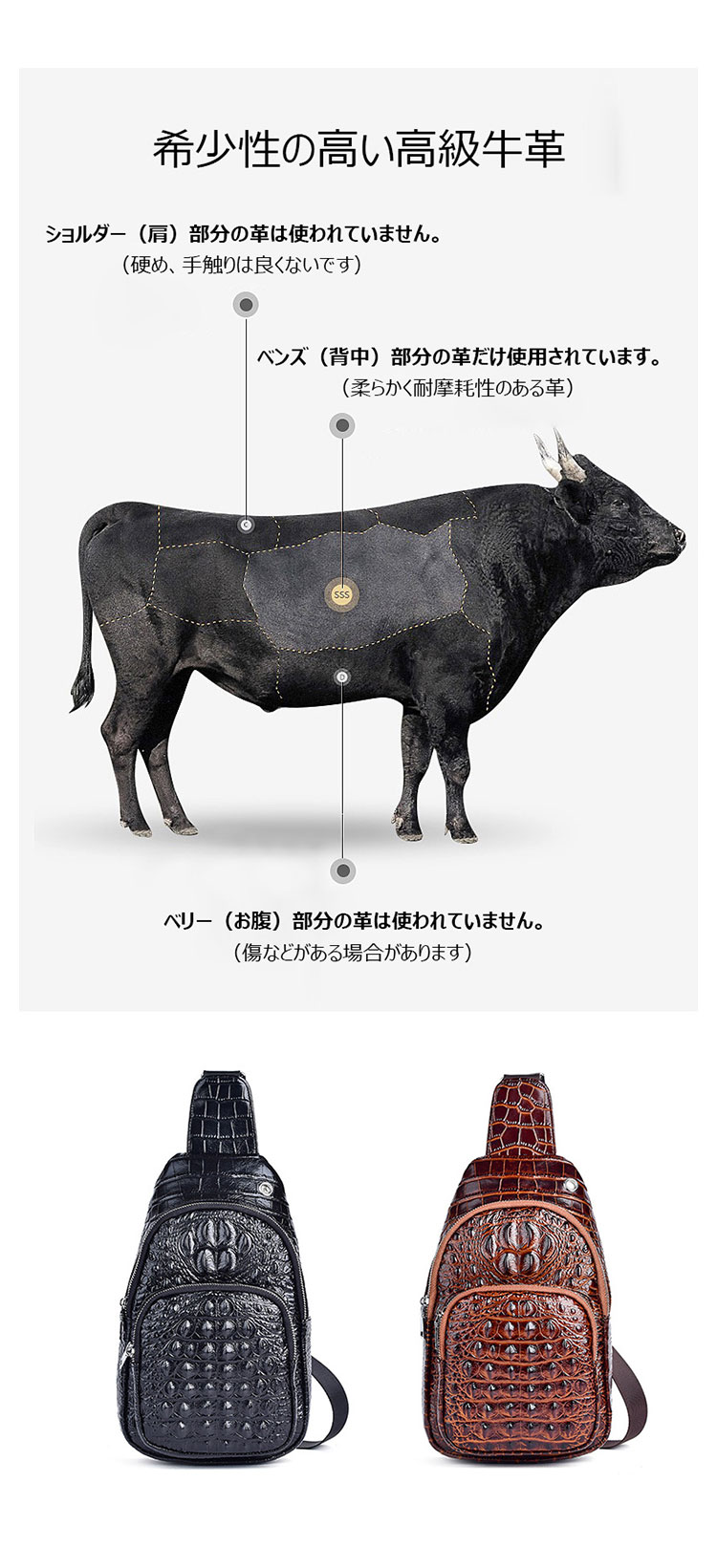 Whatna クロコダイル型押し天然 牛革 斜めがけ ボディバッグ ワンショルダー メンズ 左右付け替え可能  本 革 厚手  レザー8616-6