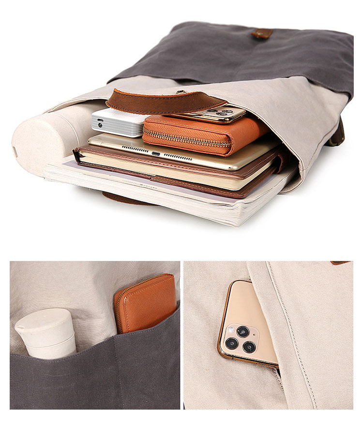 Whatna 厚手 帆布x天 然牛革 口折れ ショルダーバッグ メンズ バッグ 2way斜め掛け 手提げ 14インチPC収納可 A4ビジネスバッグメッセンジャーバッグ 通学 通勤鞄 軽量 実用 自転車 かばん男性用 グレー0002-7