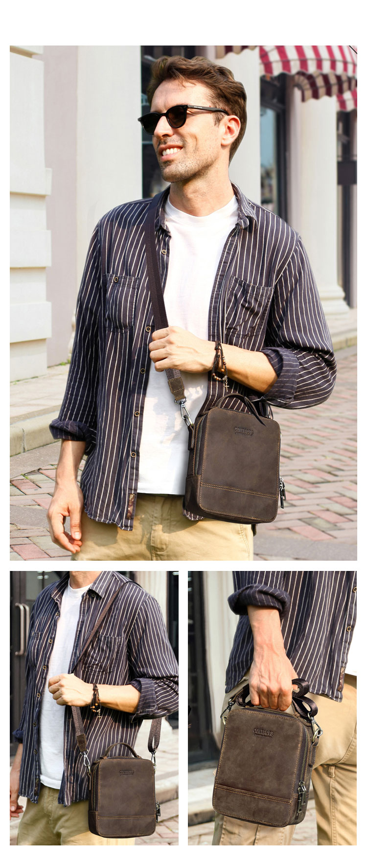 Whatna 天然 牛革 ミニ ショルダーバッグ メンズ ポシェット2way 斜め掛け 手提げバッグ セカンドバッグ 2本入ペンホルダー付 ショルダーベルト付属 4枚カード収納可 通学 通勤 肩掛けミニバッグ プレゼント男性 MB215-5