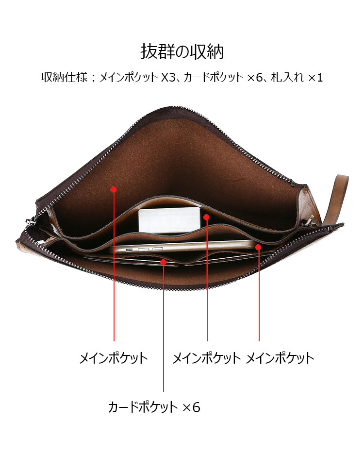 Whatna 2way 革 セカンドバッグ メンズ バッグ クラッチ バッグ 三室仕切A4サイズ カード6 枚収納可 小銭入れ 札入れ 手持ちバッグ 結婚式 バッグ フォーマル  ビジネス 冠婚葬祭 バッグ 男性用 紳士用 2150-7