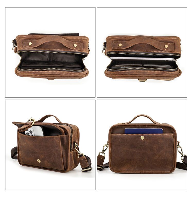 Whatna 天然 厚手 牛革 ミニ ショルダーバッグ メンズ 3way 斜め掛け 手提げ バッグ クラッチ 肩掛けバッグ 本 革 ショルダーベルト付6枚カード Ipad Mini収納可 横型 カジュアル フォーマル ビジネス 通学 通勤 自転車かばん プレゼント男性-2