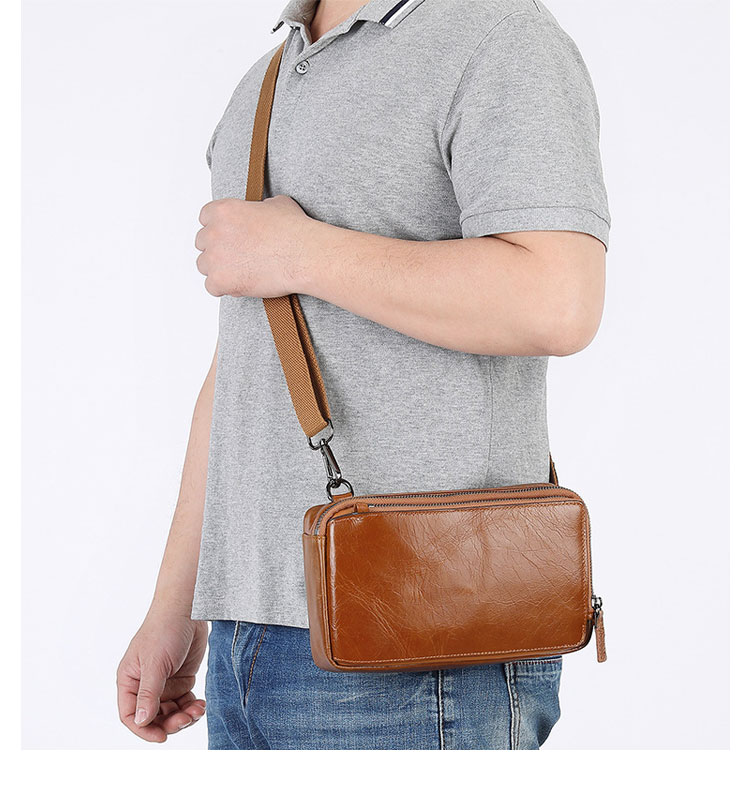 Whatna 厚手 天然 牛 革 ミニショルダーバッグ メンズ 3way ボディ斜め掛け胸バッグ手持ちバッグセカンド バッグ ショルダーベルト付 カード4枚収納可 2室仕切 L字ファスナー カジュアル フォーマル ビジネス 通学 通勤 肩掛けバッグ 自転車かばん プレゼント男性-8