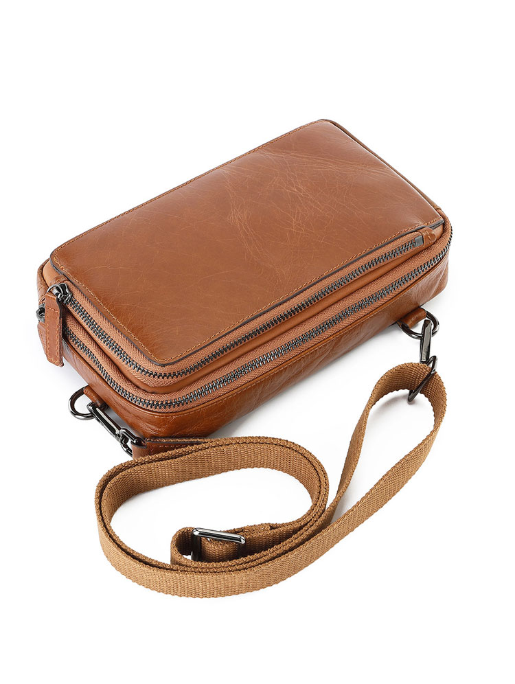 Whatna 厚手 天然 牛 革 ミニショルダーバッグ メンズ 3way ボディ斜め掛け胸バッグ手持ちバッグセカンド バッグ ショルダーベルト付 カード4枚収納可 2室仕切 L字ファスナー カジュアル フォーマル ビジネス 通学 通勤 肩掛けバッグ 自転車かばん プレゼント男性-4