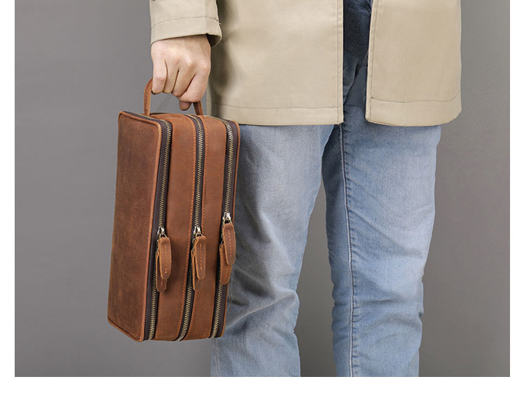 Whatna 厚手 天然 牛革 ミニセカンド バッグ メンズ 手提げバッグ クラッチ バッグ 小さ 化粧かば ボックス型 3室仕切 ダブルファスナー 手持ちバッグ ハンドバッグ 本革 フォーマル 冠婚葬祭 結婚式 バッグ紳士用 男性用-11