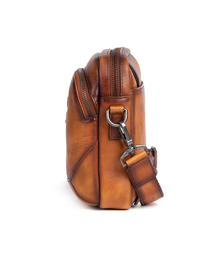 Whatna アンティーク風合い鞣し天 然 牛革 ショルダーバッグ メンズ 横型2way 斜めがけ ボディバッグ ワンショルダー バッグ 左右付け替え可能 ショルダーベルト付 本 革 肩掛けバック ボディ斜め掛け胸バッグ 自転車かばん プレゼント男性-2