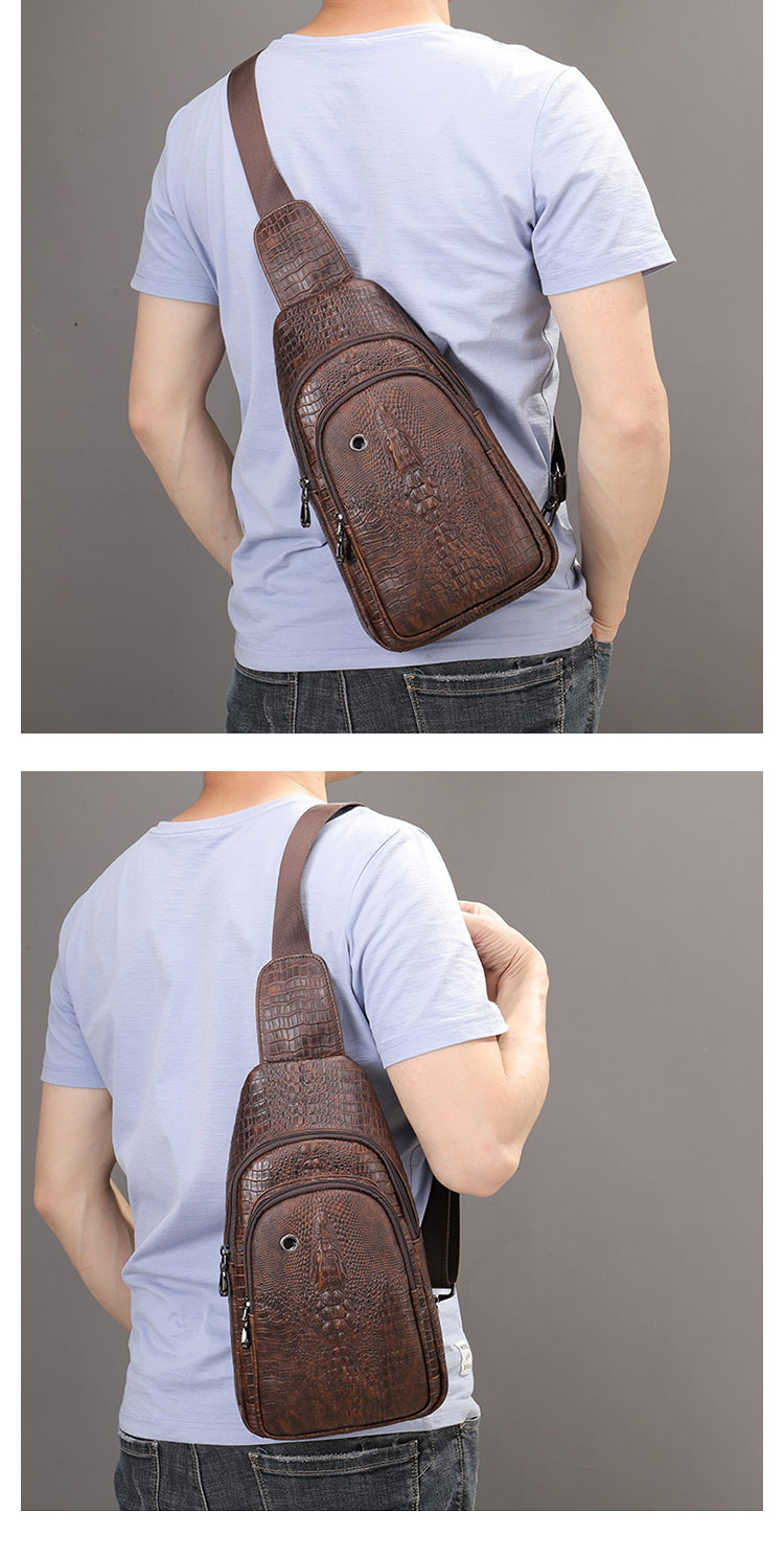Whatna クロコダイル型押し牛革 斜めがけ ボディバッグ ワンショルダー メンズ  本 革 厚手 レザー イヤホン穴付き ブラウン 9075-10