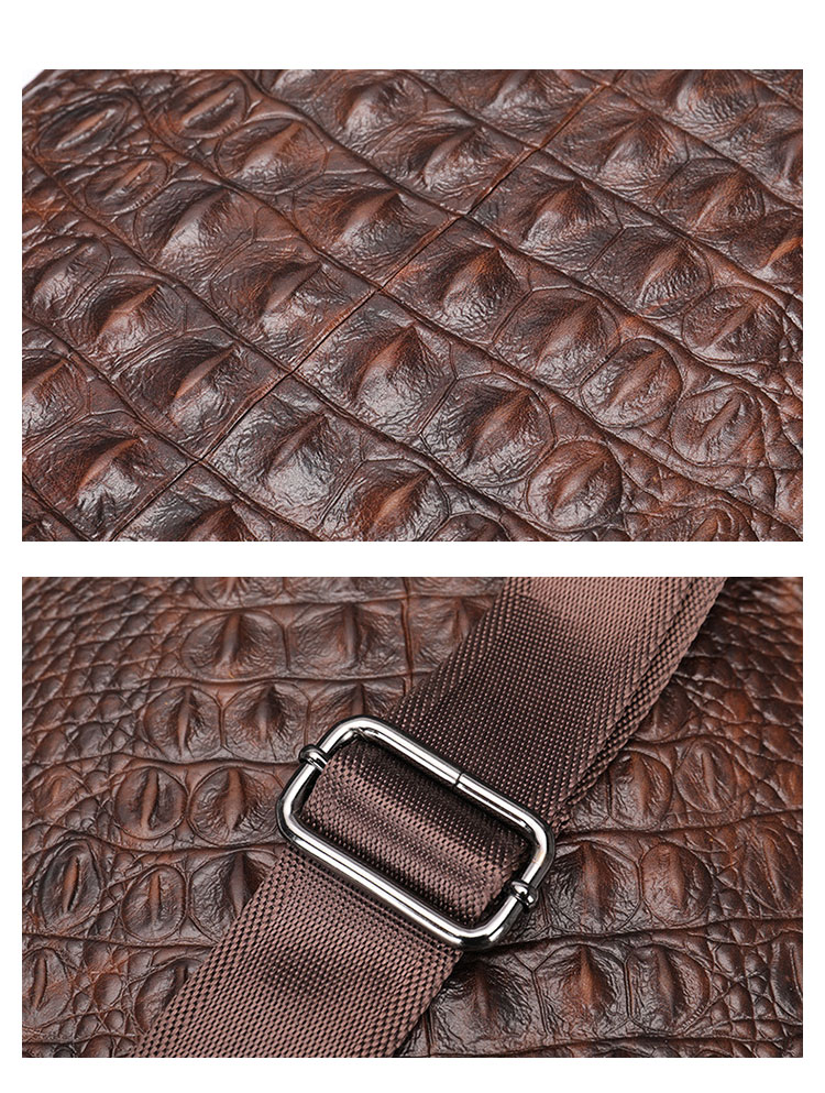 Whatna クロコダイル型押し牛革 斜めがけ ボディバッグ ワンショルダー メンズ  本 革 厚手 レザー イヤホン穴付き ブラウン 9074-10