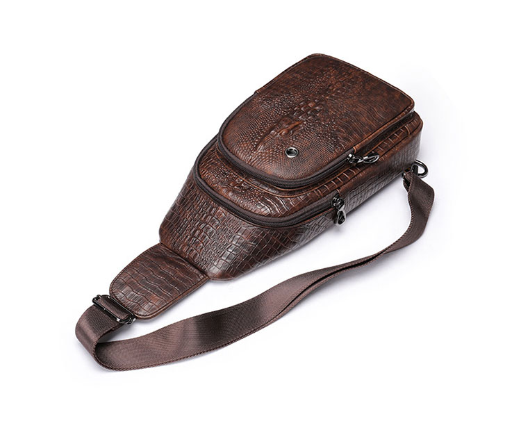 Whatna クロコダイル型押し牛革 斜めがけ ボディバッグ ワンショルダー メンズ  本 革 厚手 レザー イヤホン穴付き ブラウン 9075-5