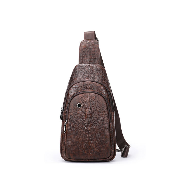 Whatna クロコダイル型押し牛革 斜めがけ ボディバッグ ワンショルダー メンズ  本 革 厚手 レザー イヤホン穴付き ブラウン 9075-1
