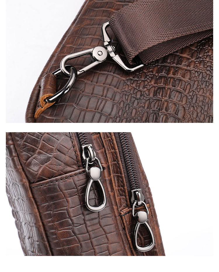 Whatna クロコダイル型押し牛革 斜めがけ ボディバッグ ワンショルダー メンズ  本 革 厚手 レザー イヤホン穴付き ブラウン 9075-12
