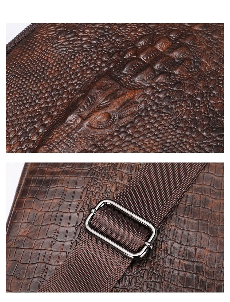 Whatna クロコダイル型押し牛革 斜めがけ ボディバッグ ワンショルダー メンズ  本 革 厚手 レザー イヤホン穴付き ブラウン 9075-11