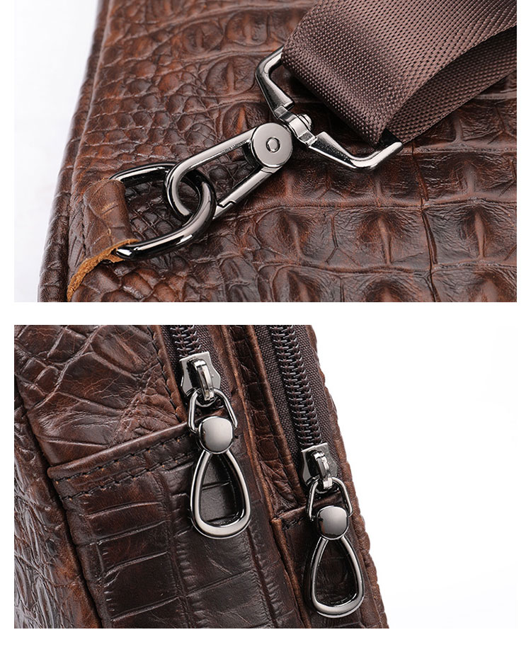 Whatna クロコダイル型押し牛革 斜めがけ ボディバッグ ワンショルダー メンズ  本 革 厚手 レザー イヤホン穴付き ブラウン 9074-11