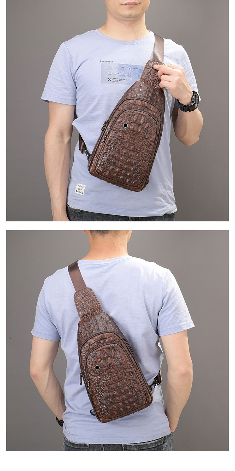 Whatna クロコダイル型押し牛革 斜めがけ ボディバッグ ワンショルダー メンズ  本 革 厚手 レザー イヤホン穴付き ブラウン 9074-9
