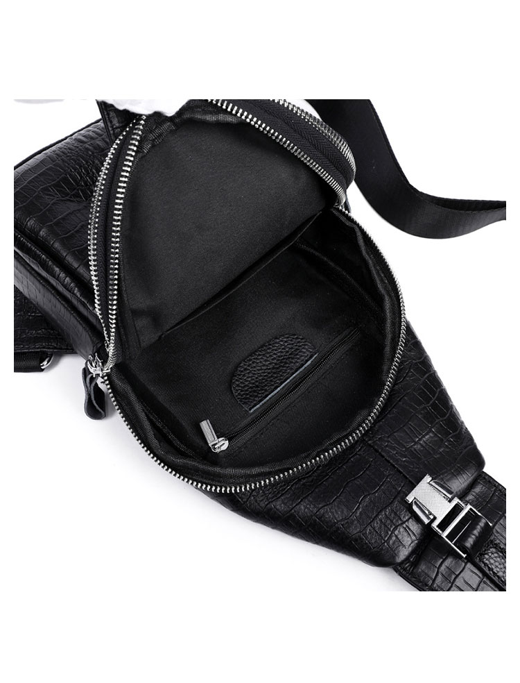 Whatna クロコダイル型押し牛革 斜めがけ ボディバッグ ワンショルダー メンズ  本 革 イヤホン穴付き黒い5015-6