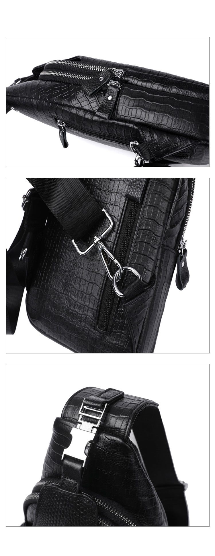 Whatna クロコダイル型押し牛革 斜めがけ ボディバッグ ワンショルダー メンズ  本 革 イヤホン穴付き黒い5015-8