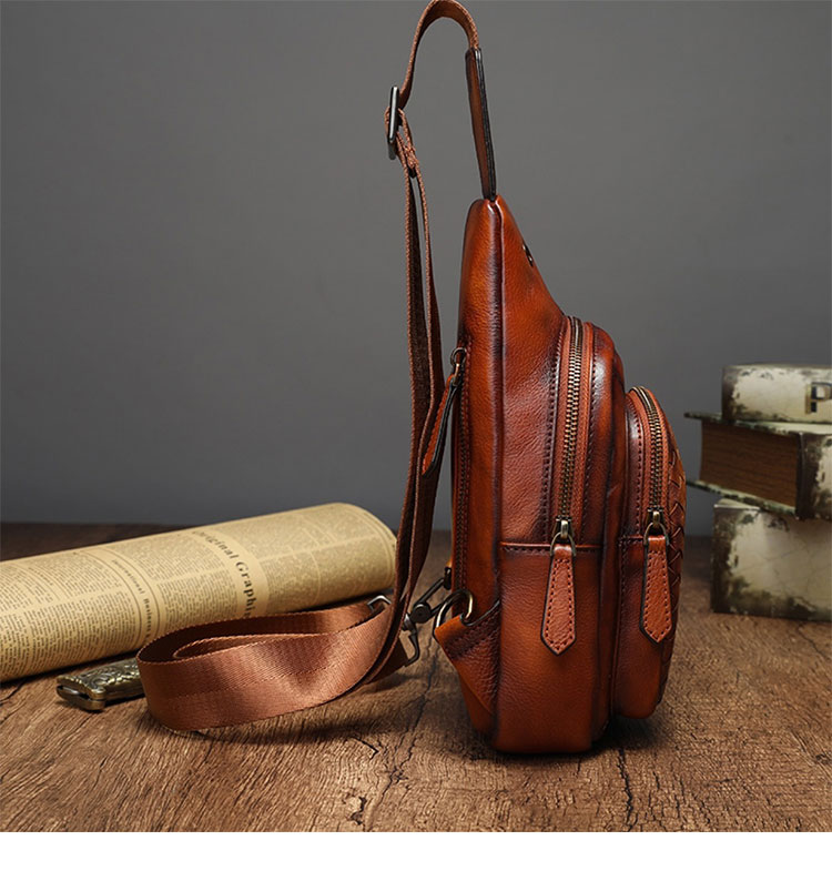 Whatna アンティーク風合い鞣し天 然牛 革 斜めがけ ボディバッグ ワンショルダー メンズ 左右付け替え可能 本革 厚手 レザー13343-2