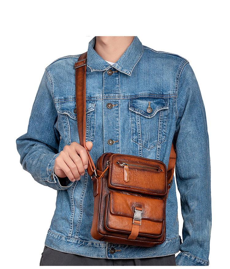 Whatna アンティーク風合い鞣し天 然 牛革ショルダーバッグ メンズ メッセンジャーバッグ 小さめ ビジネスバッグ 縦型B5 ipad 9.7収納可 本革通勤 通学 斜めがけバッグ 自転車 かばん男性用 ブラウン 13597-6