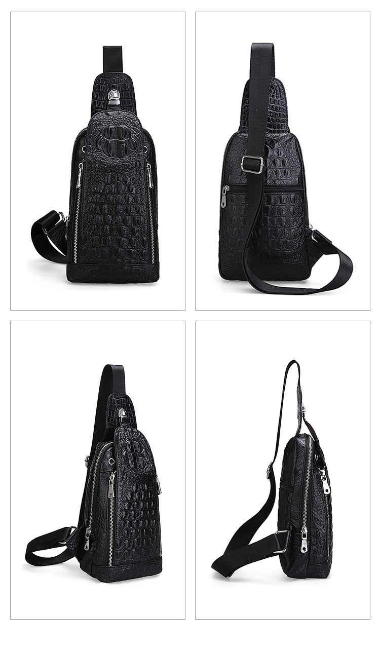Whatna クロコダイル型押し天 然 牛革 斜めがけ ボディバッグ ワンショルダー メンズ 本 革 厚手 レザー イヤホン穴付き 黒 ブラウン WH007-1