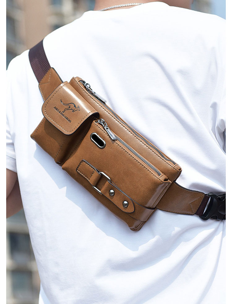 Whatna 革ミニウエストポーチ ウエストバッグ メンズ ミニショルダーバッグ イヤホン穴付き 男女兼用 斜めがけ ボディバッグ ワンショルダー 軽量 ブラウン 6905-7