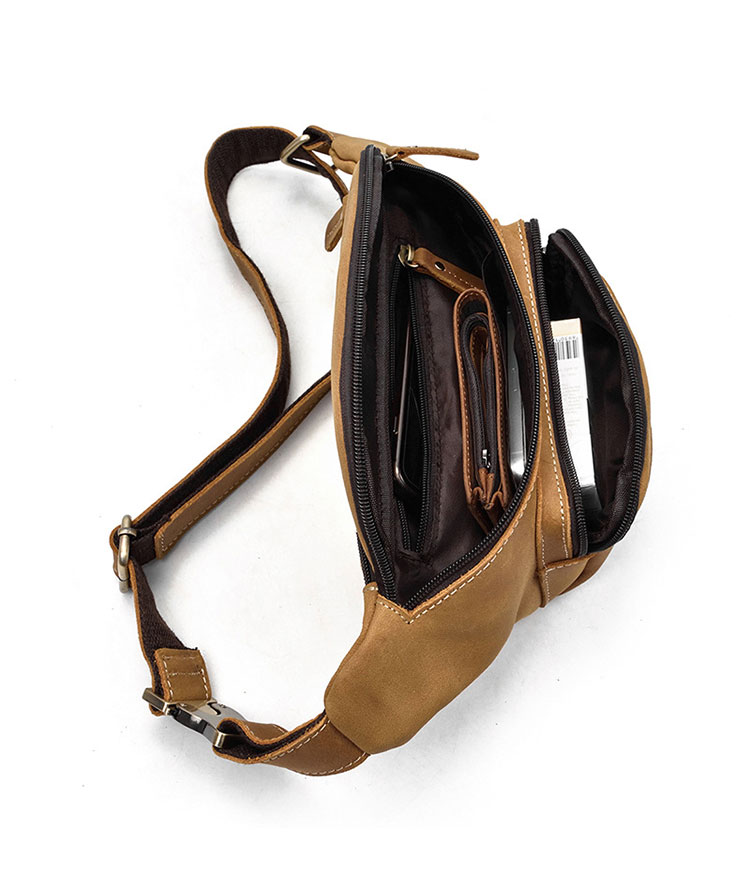 Whatna 天然 牛革ミニウエストポーチ ウエストバッグ メンズ ミニショルダーバッグ 男女兼用 本革 斜めがけ ボディバッグ ワンショルダー 軽量 ブラウン 9415-7