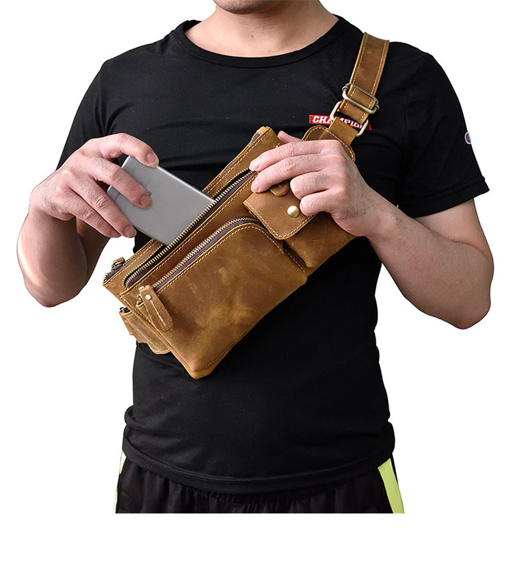 Whatna 天然 牛革ミニウエストポーチ ウエストバッグ メンズ ミニショルダーバッグ 男女兼用 本革 斜めがけ ボディバッグ ワンショルダー 軽量 ブラウン 9412-12