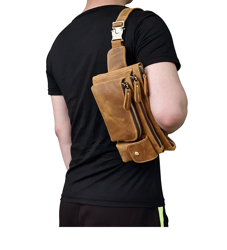 Whatna 天然 牛革ミニウエストポーチ ウエストバッグ メンズ ミニショルダーバッグ 男女兼用 本革 斜めがけ ボディバッグ ワンショルダー 軽量 ブラウン 9412-14