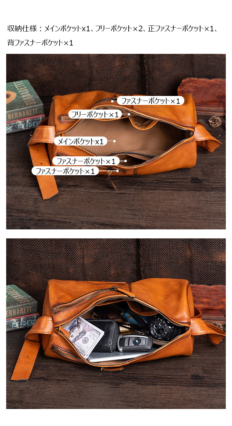 Whatna アンティーク風合い鞣し天 然牛 革 斜めがけ ボディバッグ ワンショルダー メンズ 左右付け替え可能 本革 厚手  レザー13378-7