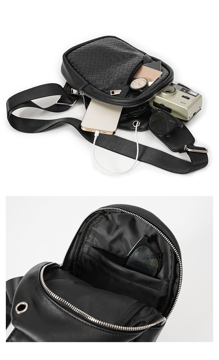 Whatna革 斜めがけ ボディバッグ ワンショルダー メンズ  イヤホン穴付 厚手  レザー  黒YH3628-4