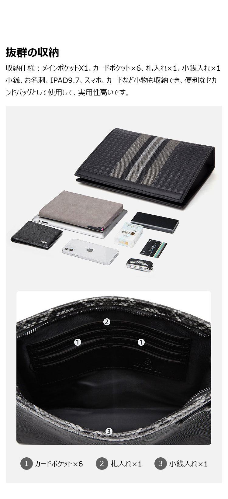 Whatna 2way セカンドバッグ メンズ バッグ クラッチ バッグ 厚手 レザー B5 ipad9.7カード6 枚収納可 小銭入れ 札入れ 手持ちバッグ 結婚式 バッグ フォーマル ビジネス 冠婚葬祭 バッグ 男性用 紳士用 黒-5