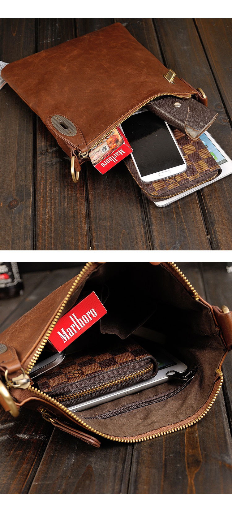 Whatna 厚手 レザー ショルダーバッグ メンズ メッセンジャーバッグ 革 縦型 小さめビジネスバッグ 盗難防止の機能 ipad10.5収納可 通勤 通学 斜めがけバッグ オシャレ な シンプル な 軽量 実用 自転車 かばん男性用  ブラウン-4