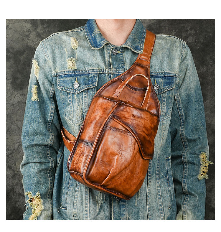 Whatna アンティーク風合い鞣し天 然牛 革 斜めがけ ボディバッグ ワンショルダー メンズ 左右付け替え可能 本革 厚手 レザーXB016-9