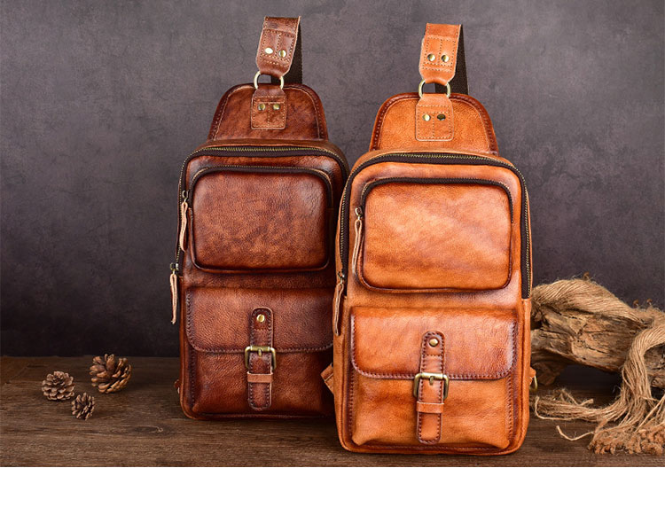 Whatna アンティーク風合い鞣し天 然牛 革 斜めがけ ボディバッグ ワンショルダー メンズ 左右付け替え可能 本革 厚手 レザーXB012-1