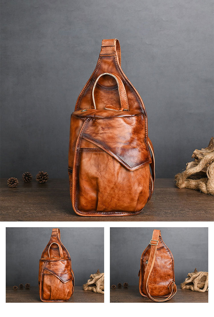 Whatna アンティーク風合い鞣し天 然牛 革 斜めがけ ボディバッグ ワンショルダー メンズ 左右付け替え可能 本革 厚手 レザーXB016-2